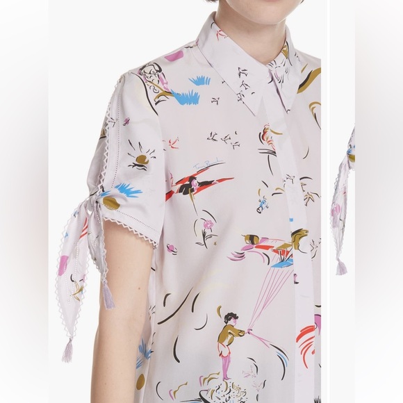 EUC Tory Burch Purple Daydream Tie-Sleeve Silk Short Sleeve Button Down Top 2 - Picture 11 of 13